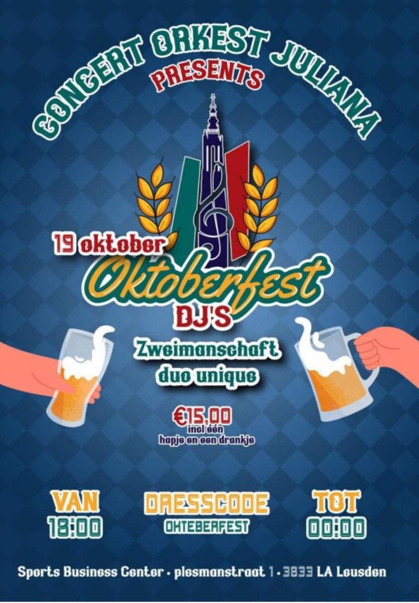 Concertorkest Juliana presenteert 'Oktoberfest'.
Kaartverkoop via juliana-amersfoort.nl