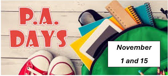 📅 Reminder: PA Days on November 1 &amp; 15 🛑
Just a friendly reminder that there will be no school for students onNovember 1 and November 15 due to PA Days. Mark your calendars!