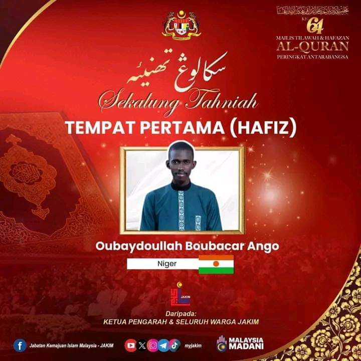 ARaoufYacoub's tweet photo. Le Niger 🇳🇪 premier dans deux catégories mondiales de Psalmodie du Noble Coran en Malaisie 🇲🇾.

Le Hafiz ( Oubaydoullah Boubacar Ango ) premier dans la catégorie masculine.

La Hafizah ( Habsatou Hamissou Boubacar ) première dans la catégorie féminine. https://t.co/1qZssgK4DT