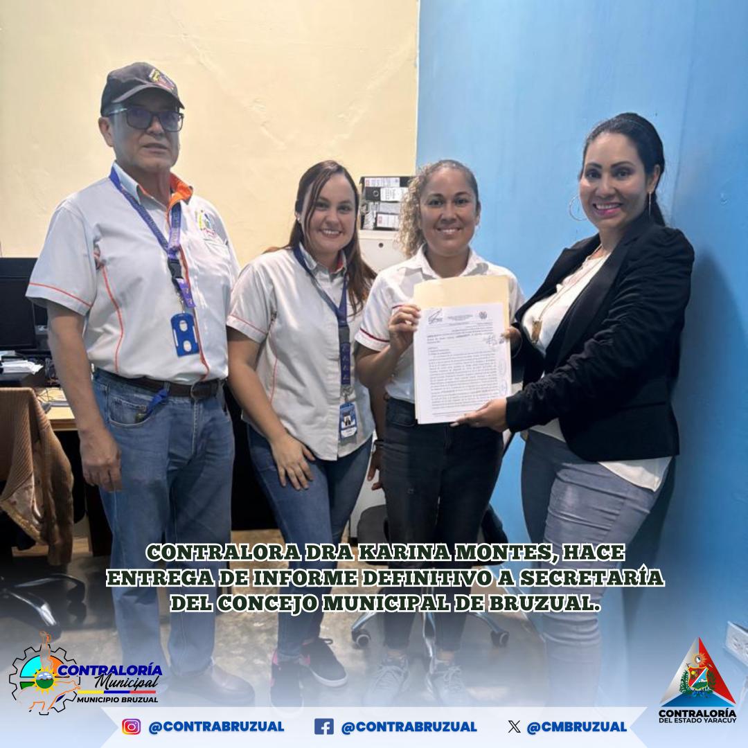 cmbruzual's tweet photo. Entrega de informe definitivo a Secretaría del Concejo Municipal de Bruzual por parte de la Contralora del Municipio Dra. Karina Montes , Dir.Control Posterior Abog. José Ramírez y https://t.co/5VPMw3lvqt
