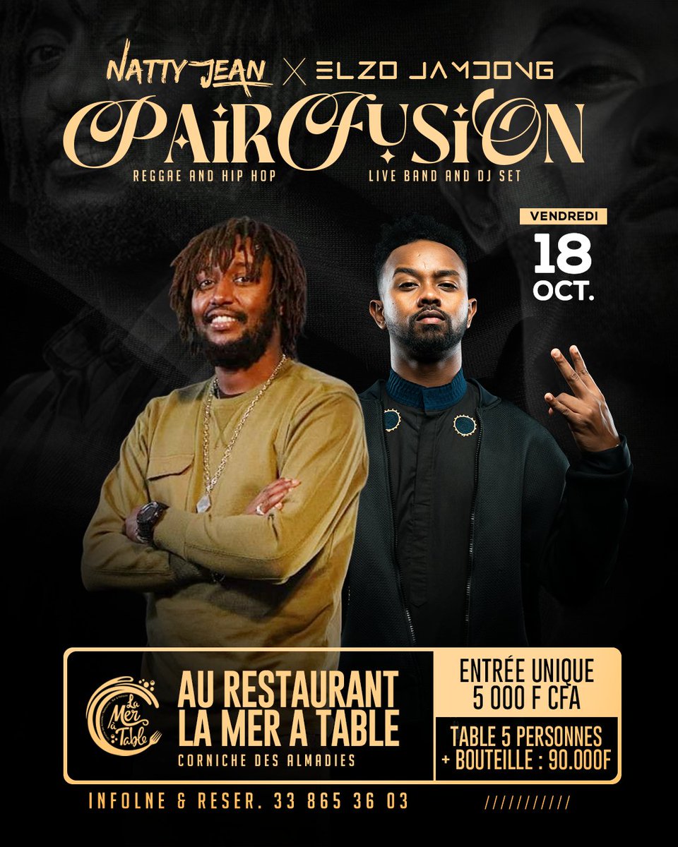 Twitter, jamono yii maa ngi live lu yeemeee ak Natty 🔥 kaay leen seetaan vendredi au restaurant la Mer à Table (Corniche des Almadies) 🥳🚀  please share 🙏🏽