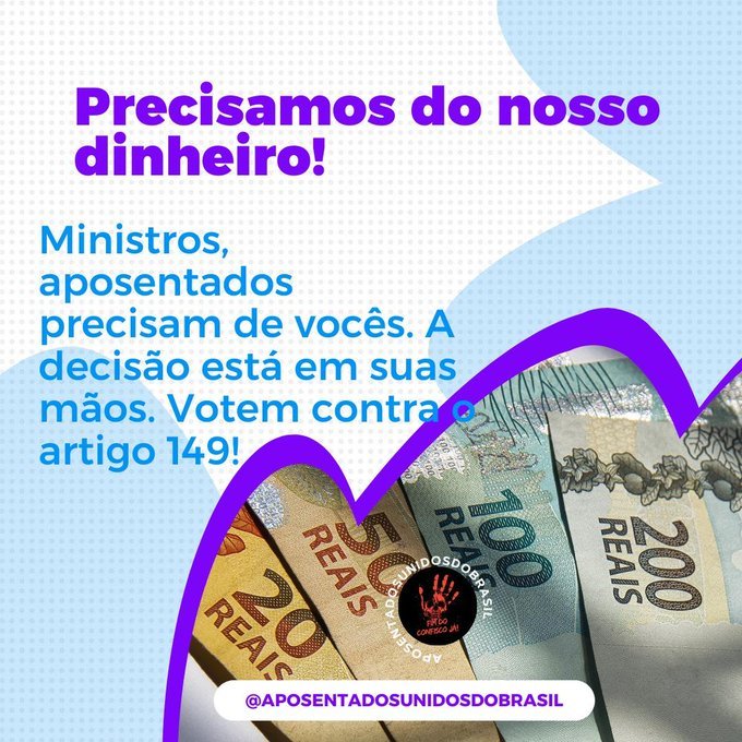<a href="/silva562251/">Sidnea Francisca da Silva</a> <a href="/STF_oficial/">STF</a> <a href="/gilmarmendes/">Gilmar Mendes</a> <a href="/LRobertoBarroso/">Luís Roberto Barroso</a> <a href="/alexandre/">R.s</a> Noite amiga <a href="/silva562251/">Sidnea Francisca da Silva</a> !  

❌istaço pela revogação do desconto de 14% dos salários dos aposentados! Bora juntos! 🤝

🚩Respeitem Aposentados!

#AposentadoriaJusta
#LulaBrasilSoberano 👑