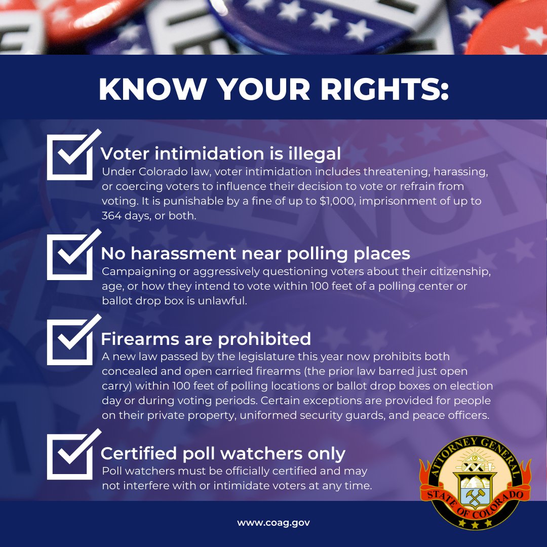 COAttnyGeneral's tweet photo. Attorney General Phil Weiser issued a public advisory today to remind Coloradans of their right to vote free from intimidation and to ensure polling places remain secure as the 2024 election approaches. Read the full advisory: https://t.co/MiOFcjAATB https://t.co/zRXfL1VZNP