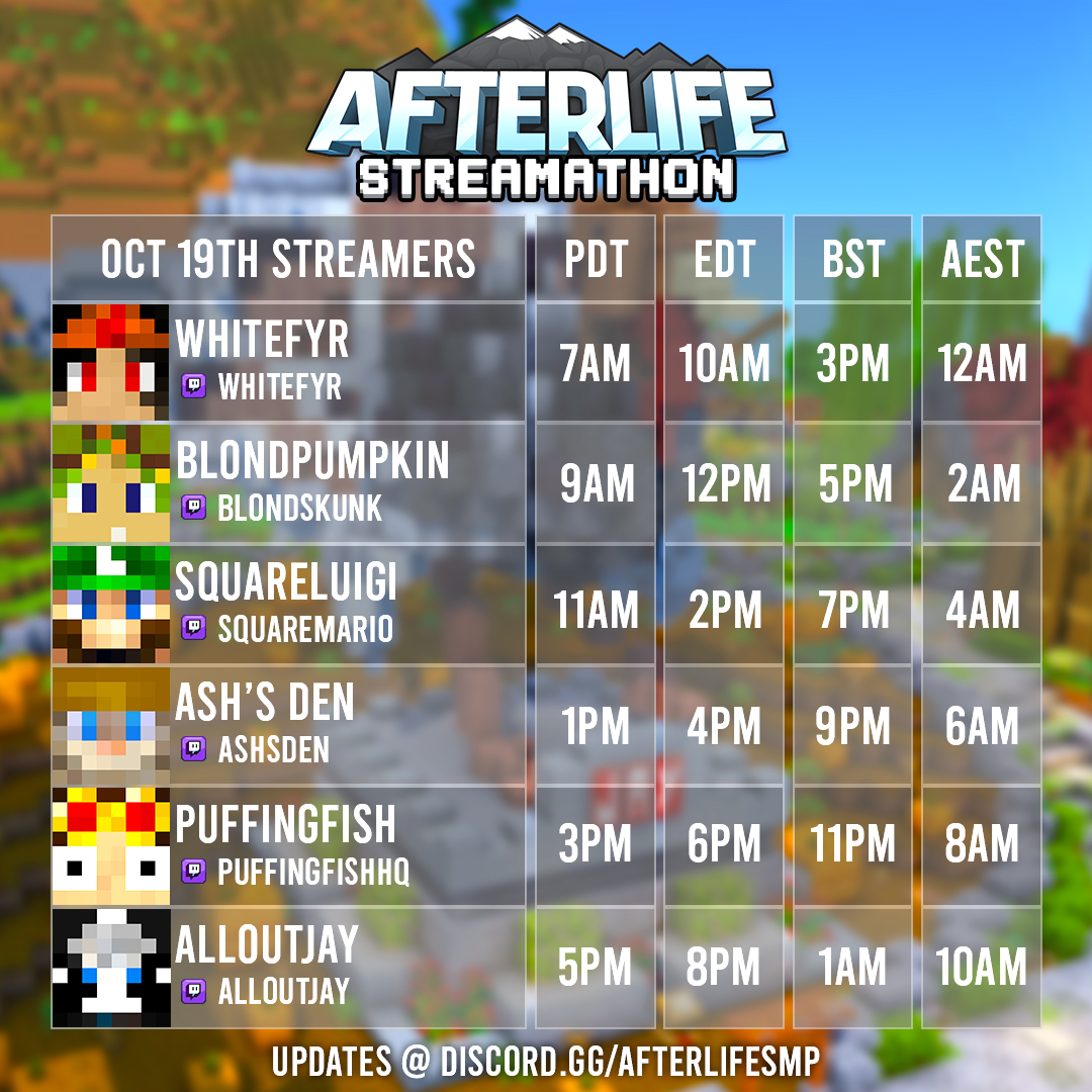 🎉 Get ready! Another AfterLife Streamathon is coming your way on Saturday, October 19th! 📅 Don’t miss out on the fun and epic streams! 🚀

Discord for ezpz stream notifications: discord.gg/afterlifesmp