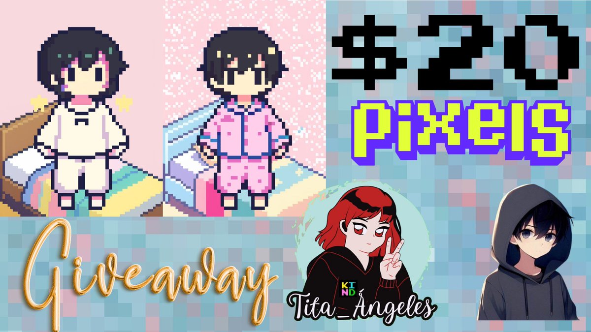 G I V E A W A Y🎉.

Hello friends, this time I bring you a little giveaway of:
2 pajamas and 20 $PIXELS for 3 winners.

Steps:
Follow <a href="/Tita_KIND/">Tita.ron | KIND |RoninArtist</a> and <a href="/0xDenka/">Denka</a>
Like + Retweet
Tag 3 friends

Good luck 🍀

Results in 72 hours ❤️👌🤗
<a href="/pixels_online/">Pixels</a> 

#KindCreator #pixelscreator