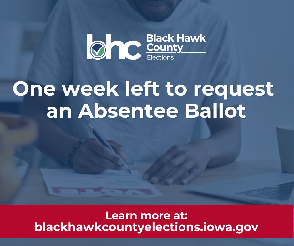 One week warning! 
If you'd like to have a ballot mailed to you for the 2024 General Election you have ONE WEEK -10/21- at 5PM to get that Request Form in our hands! Stop by &amp; fill out the request or visit our website: loom.ly/LApe4_0 

#BlackHawkCounty #Absentee