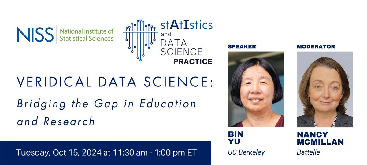 Register for 10/15 AI, Statistics and Data Science Bin Yu Talk on Veridical Data Science - mailchi.mp/niss.org/regis…