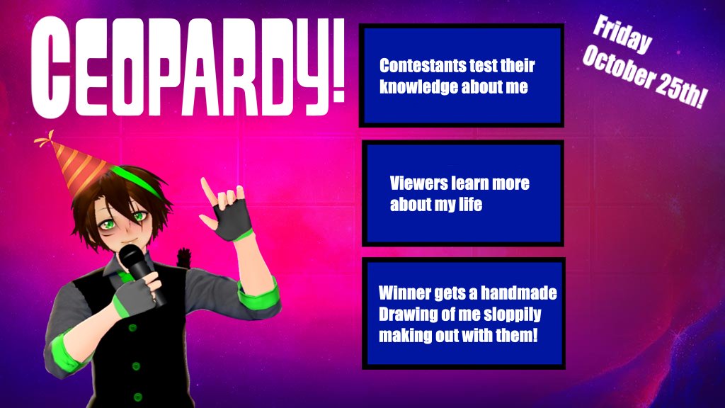 Cenickle_the's tweet photo. Hey! do you want to learn more about me? well tune in October 25th where i test my friends knowledge in my very first birthday jeopardy!! its been 4 long years since i started this journey and i think its time people learn a little more about the man behind the monkey🥰 https://t.co/f3EfQXtqYk
