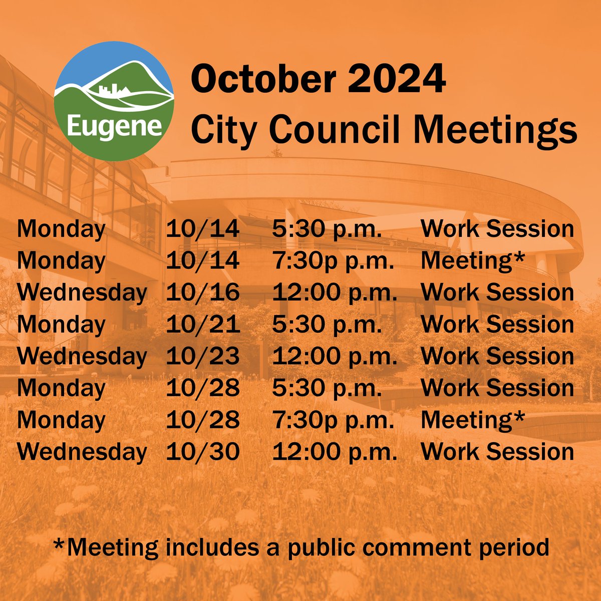 Here is a list of the October 2024 City Council meetings and work sessions. For more information like the full City Council meeting calendar, meeting topics, and how to access the meeting live streams head to eugene-or.gov/536/City-Counc…