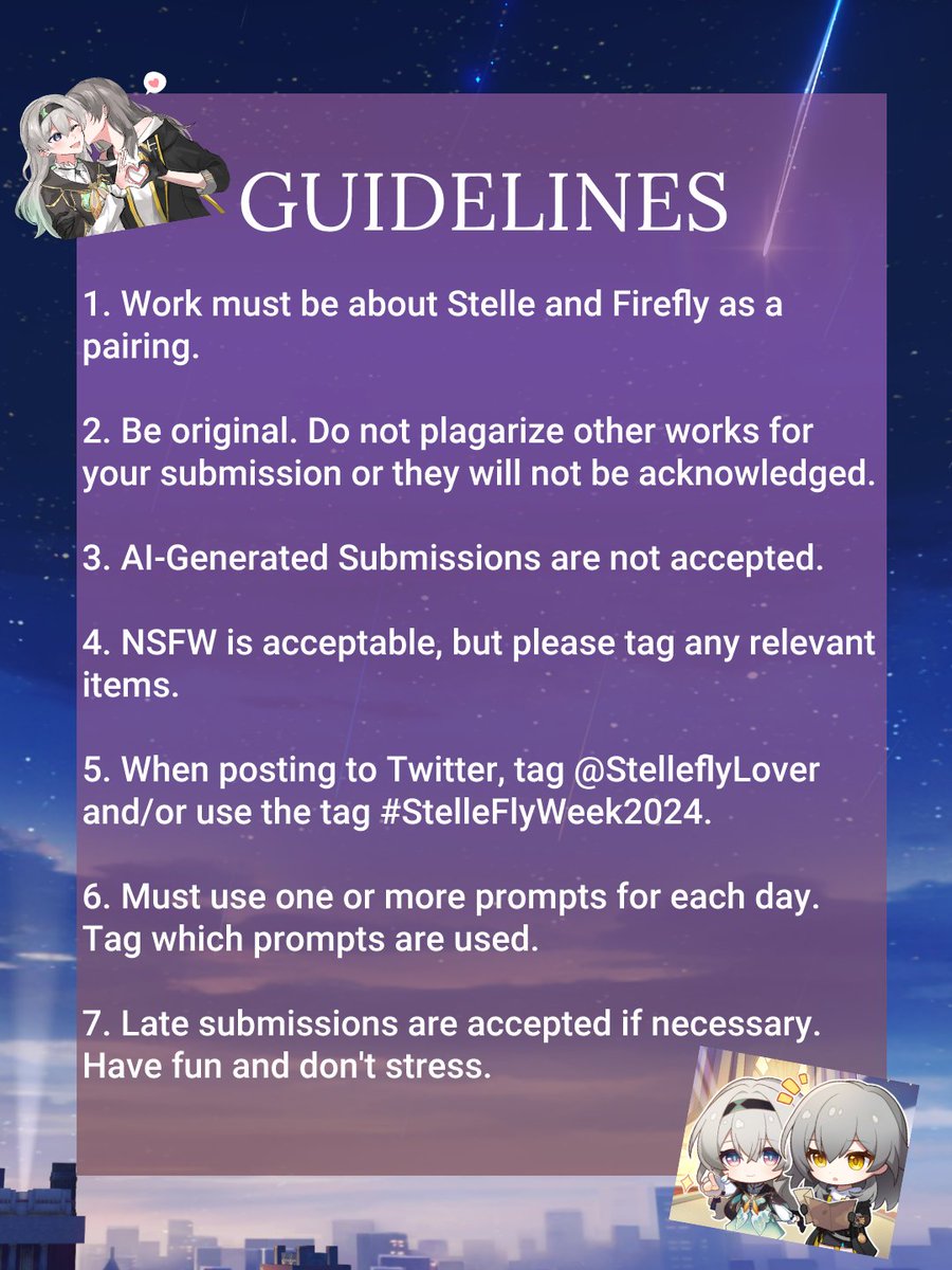 StelleflyLover's tweet image. Hello everyone! 

Our StelleFly community wanted to have a creator prompt week before the year ended, and we wanted to invite any StelleFly fan who might be interested to join us and contribute to the fun!

Here's the official date, prompts and guidelines for #StelleFlyWeek2024