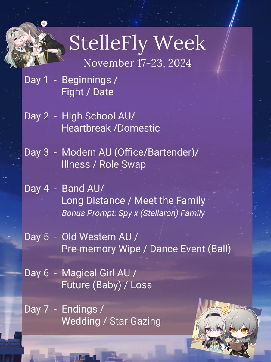 StelleflyLover's tweet image. Hello everyone! 

Our StelleFly community wanted to have a creator prompt week before the year ended, and we wanted to invite any StelleFly fan who might be interested to join us and contribute to the fun!

Here's the official date, prompts and guidelines for #StelleFlyWeek2024