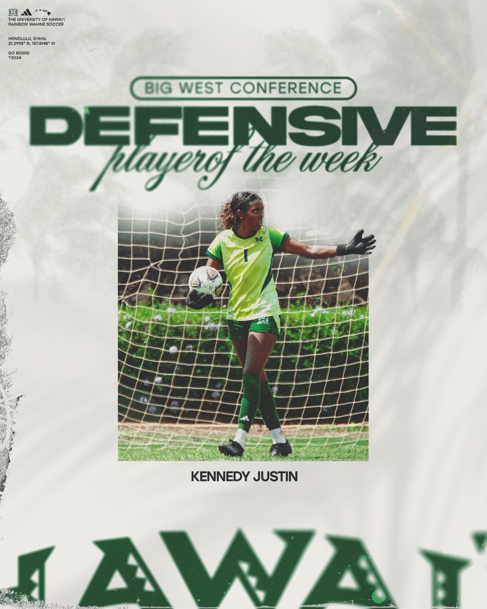 HawaiiWSoccer's tweet photo. Nothing gets through 🚫

Kennedy Justin earns her second straight Big West Defensive Player of the Week honor thanks to her streak of five consecutive shutouts!

#SISTAHHOOD x #GoBows https://t.co/8rM2ZtuwRi
