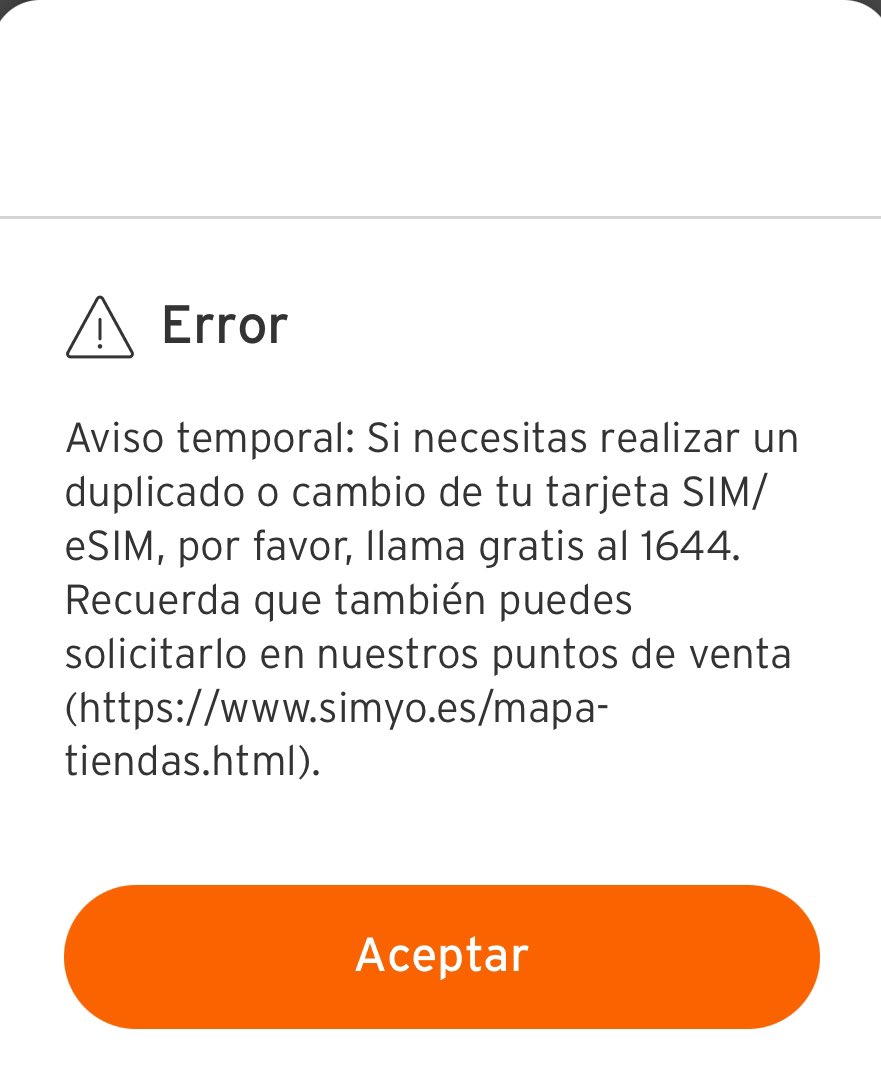 Raul_Nov's tweet photo. @simyo_es hola cambié de teléfono,  estoy intentando pedir un duplicado de eSIM , lo intenté pedir en la app pero me da esta error, es algo temporal o cuando podré pedir el duplicado de eSIM a través de la app? https://t.co/HyyUbezC8W