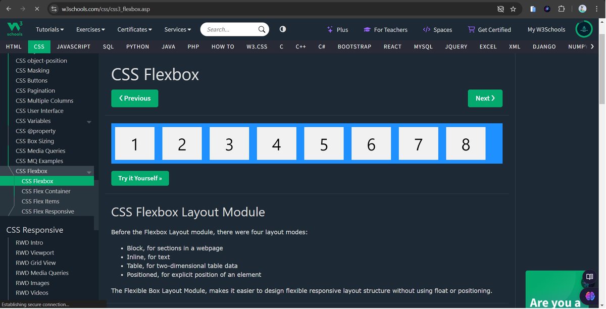 ekojoecovenant's tweet image. Day 88! -89!

Day 88:
- CSS Media Queries
- CSS MQ Examples

Day 89:
- CSS Flexbox Part 1🌚
    *&amp;gt; Intro
    *&amp;gt; Flex Container

#100DaysofCode #w3schools #css