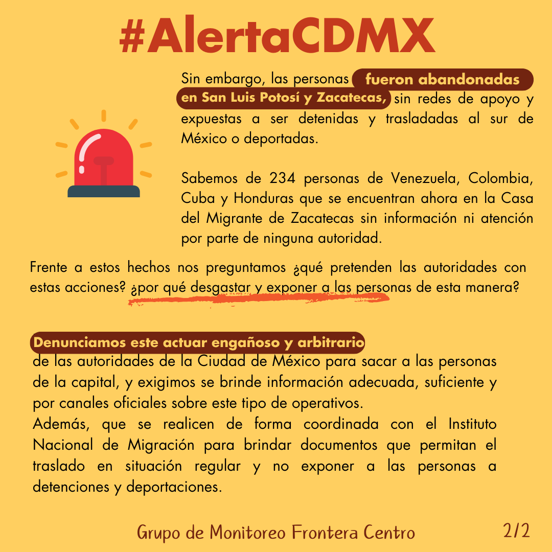 #AlertaCDMX
Personal del gobierno de la #CDMX facilitó autobuses para trasladar con engaños a personas  migrantes desde el CAIS Vasco de Quiroga, en Tepito. 

➡️Las personas fueron abandonadas en SLP y Zacatecas

➡️¿Qué pretenden las autoridades con estas acciones?