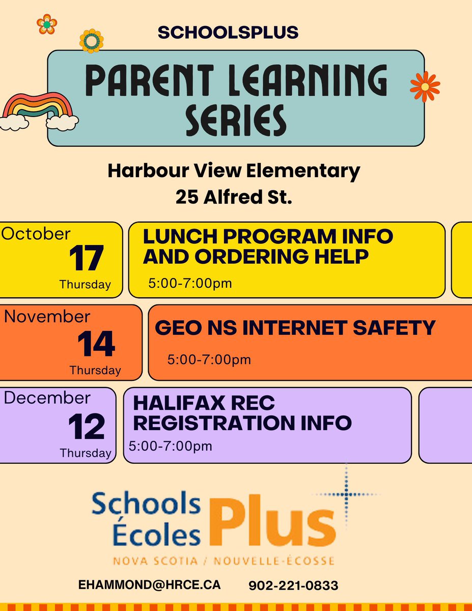 Sharing on behalf of SchoolsPlus. Please see the below information regarding SchoolsPlus Learning Series, happening once a month at Harbour View Elementary.