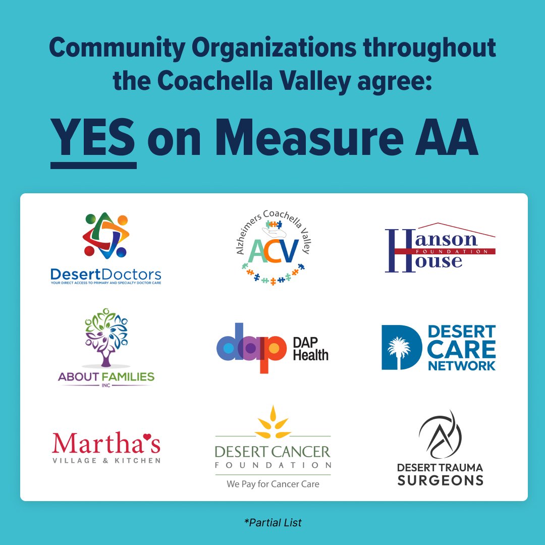 YesMeasureAA's tweet image. We are a coalition of Doctors, Nurses, Patients, Non-Profits and Community Leaders throughout the Coachella Valley urging YES on Measure AA this November. Join our growing coalition to protect access to lifesaving care &amp;gt; bit.ly/3U9OcwS