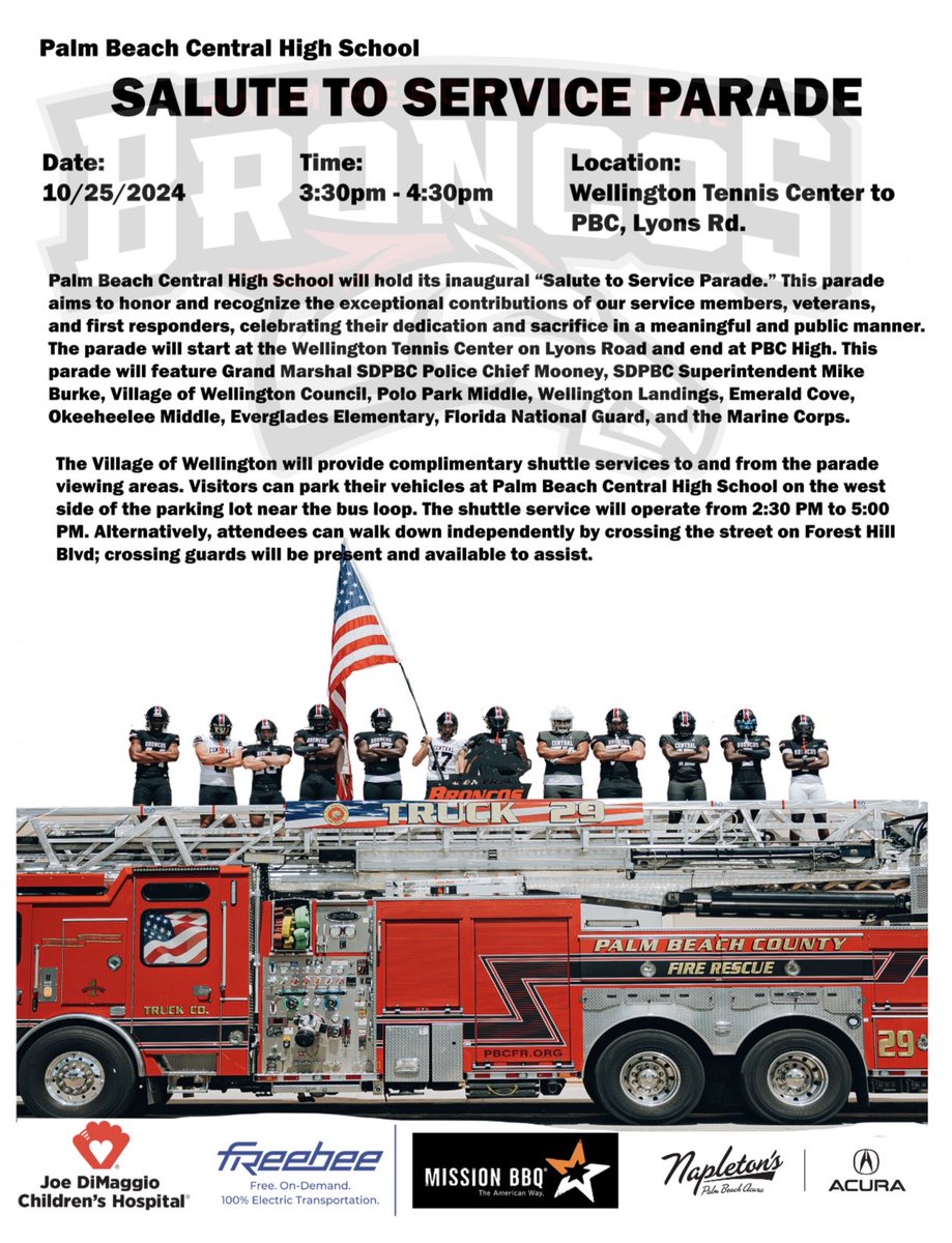 Principal Myers (@pbcentral_princ) on Twitter photo <a href="/BroncosPBCHS/">Broncos_PBCHS</a> will host its first "Salute to Service Parade" on October 25th from 3:30 to 4:30 PM. Chief Mooney from <a href="/PBSchoolsPD/">Palm Beach Schools Police Department</a> will be the Grand Marshal. <a href="/BroncosPBCHS/">Broncos_PBCHS</a> will host its first "Salute to Service Parade" on October 25th from 3:30 to 4:30 PM. Chief Mooney from <a href="/PBSchoolsPD/">Palm Beach Schools Police Department</a> will be the Grand Marshal.