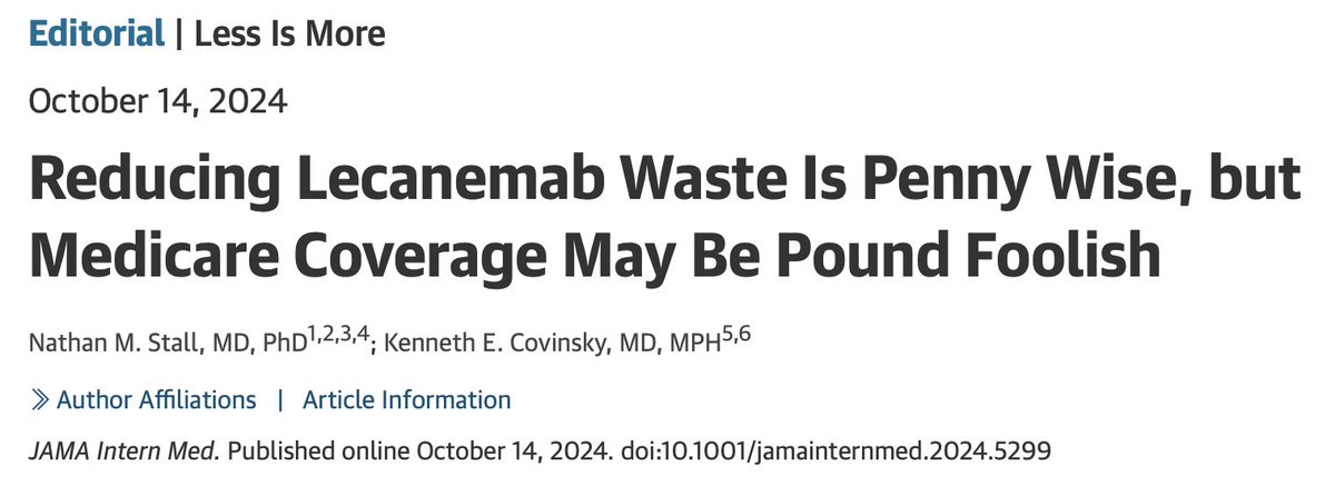 Nathan Stall (@nathanstall) on Twitter photo New <a href="/JAMAInternalMed/">JAMA Internal Medicine</a> editorial by me and <a href="/geri_doc/">Ken Covinsky</a> arguing that Medicare coverage of lecanemab may be pound foolish, considering the limited potential for benefit, the substantial potential for harm, and better uses for those dollars to support proven preventive and supportive New <a href="/JAMAInternalMed/">JAMA Internal Medicine</a> editorial by me and <a href="/geri_doc/">Ken Covinsky</a> arguing that Medicare coverage of lecanemab may be pound foolish, considering the limited potential for benefit, the substantial potential for harm, and better uses for those dollars to support proven preventive and supportive