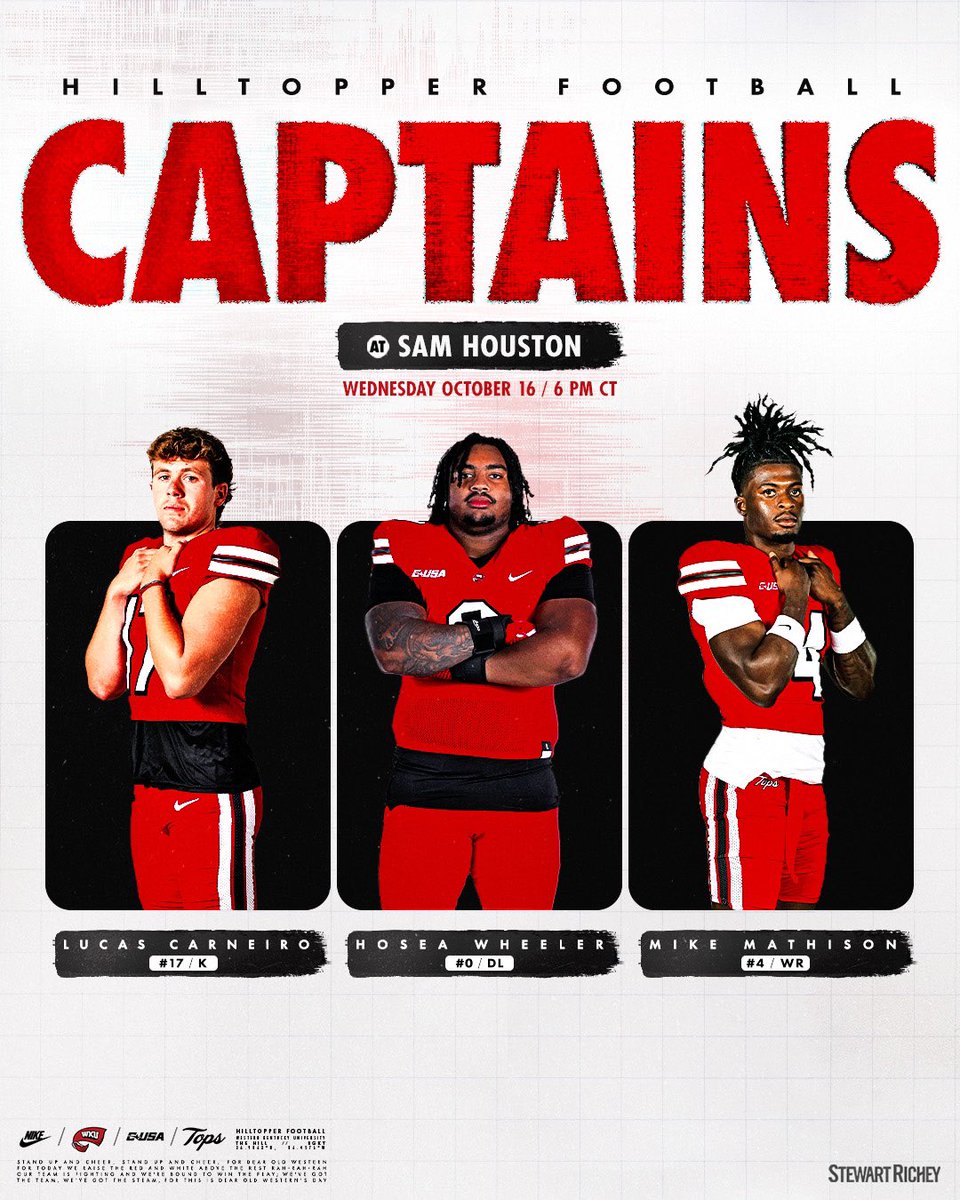 WKU Football (@wkufootball) on Twitter photo Game 7 Captains π«‘
π <a href="/lcarneiro99/">Lucas Carneiro</a>
π <a href="/HoseaWheelerJr/">hosea wheeler</a>
π <a href="/Mike_mathison/">Michael Mathison π</a>
presented by <a href="/StewartRichey/">Stewart-Richey Const</a> Game 7 Captains π«‘
π <a href="/lcarneiro99/">Lucas Carneiro</a>
π <a href="/HoseaWheelerJr/">hosea wheeler</a>
π <a href="/Mike_mathison/">Michael Mathison π</a>
presented by <a href="/StewartRichey/">Stewart-Richey Const</a>