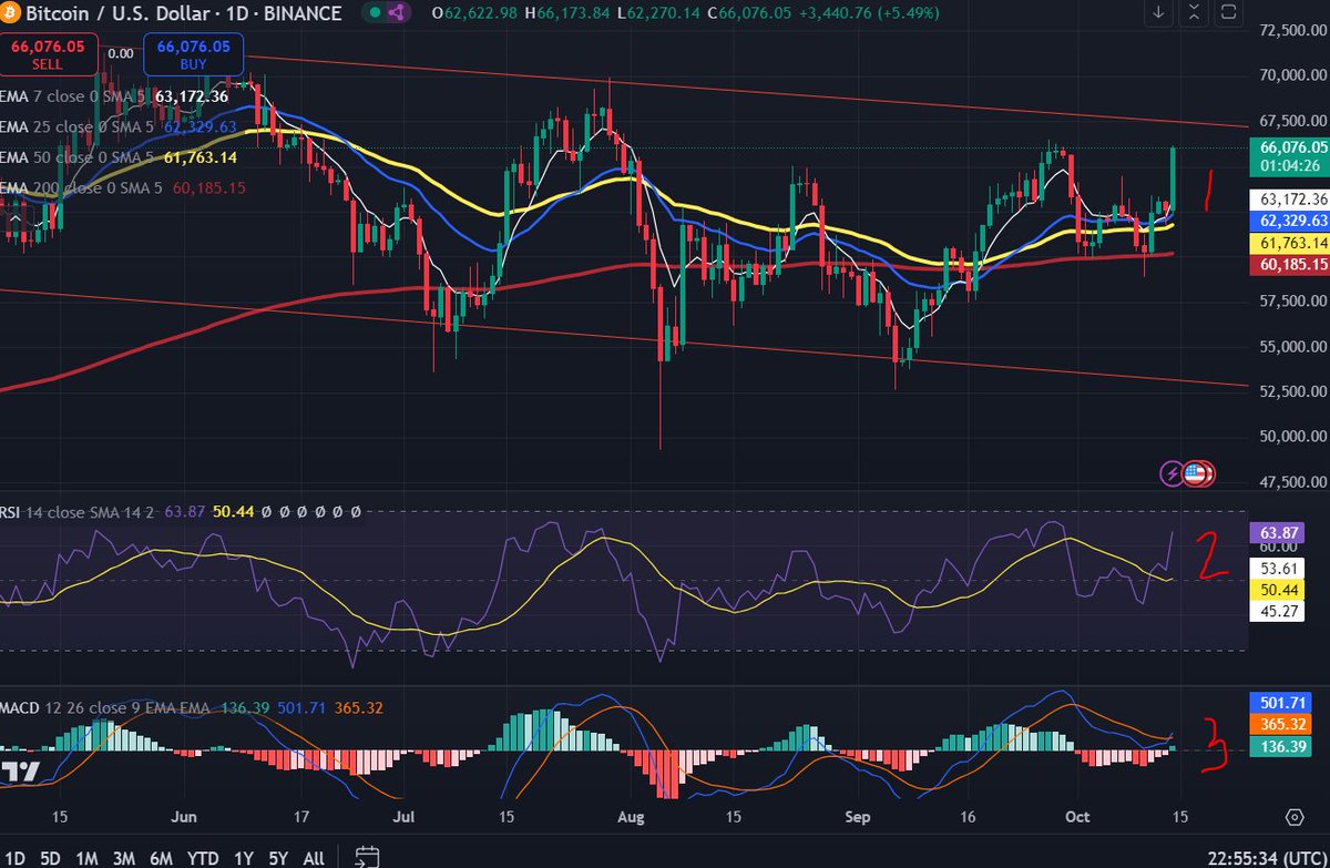 1 الشمه اليابانيه تضهر قوه واضحه وايجابيه و تسمى الابتلاعيه (engulfing) و هي استكمال للصعود 
2 rsi يضهر صعوج قوي ويويد الايجابيه
3الماكدي فوق خط الصف و عاود الصعود فوق خط الاشاره