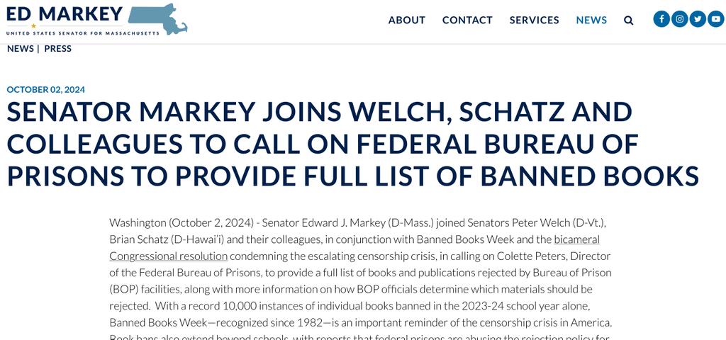 SaxapahawB's tweet image. Exciting news!!! @SenMarkey @SenPeterWelch @SenBrianSchatz and others are calling on the @BureauOfPrisons to report the books they ban! This would be an excellent first step. Read the letter:
markey.senate.gov/news/press-rel…