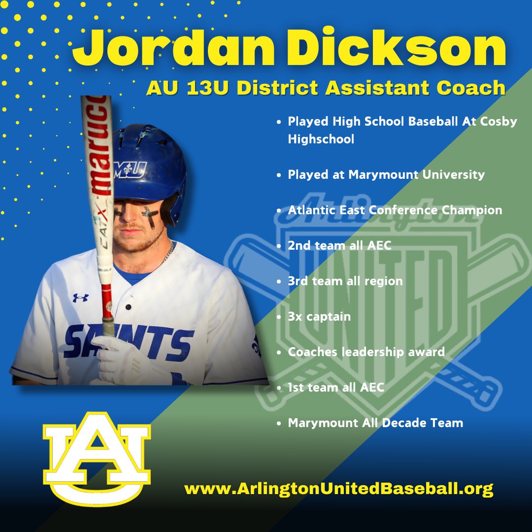 ⚾️ 𝙈𝙀𝙀𝙏 𝙊𝙐𝙍 𝘾𝙊𝘼𝘾𝙃𝙀𝙎 ⚾️

𝐂𝐨𝐚𝐜𝐡 𝐉𝐨𝐫𝐝𝐚𝐧 𝐃𝐢𝐜𝐤𝐬𝐨𝐧 - Arlington United 13U District Assistant Coach. Current Senior at Marymount University where he was Co-Captain  for the Baseball Team in 2024. 

#UnitedFamily