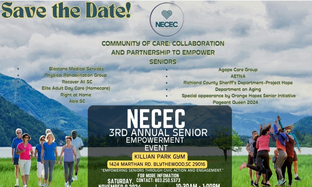 Save the Date! 3rd Annual Senior Empowerment Event. Saturday, November 9th at 1030 AM. Killian Park! Free food, fun and community resources supporting seniors. See you there!