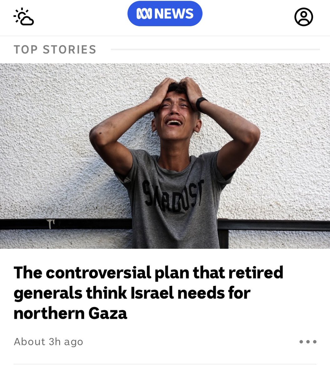 For gods sake <a href="/abcnews/">ABC News</a>! A plan by Israel to besiege Palestinians in the north of Gaza &amp; starve them of food is not ‘controversial.’

It is ILLEGAL. It is a WAR CRIME. It is COLLECTIVE PUNISHMENT. 
abc.net.au/news/2024-10-1…