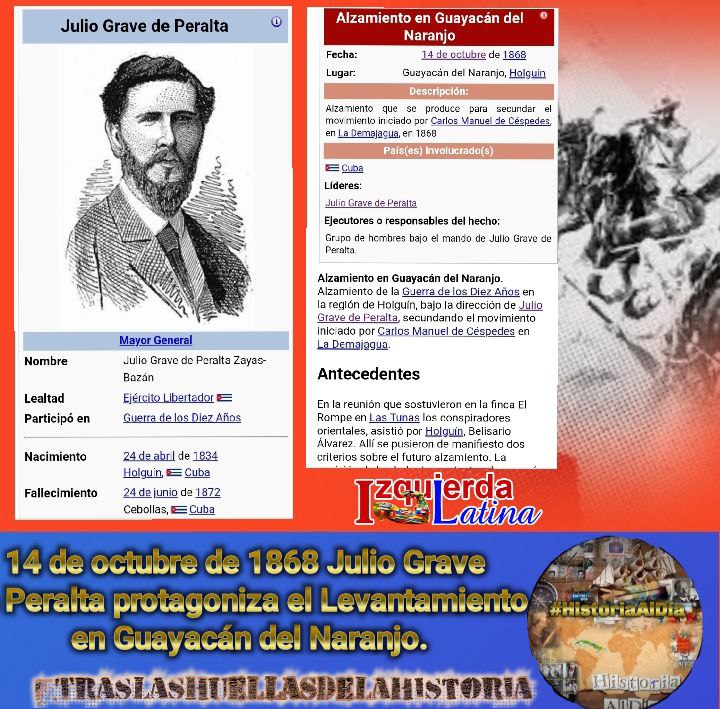 Aniv. 156 del Alzamiento en Guayacán del Naranjo.

💪 Alzamiento de la Guerra de los 10 Años en la región de Holguín, bajo la dirección de Julio Grave de Peralta, secundando el movimiento iniciado por Carlos Manuel de Céspedes en La Demajagua.

#HistoriaAlDía
#Cuba