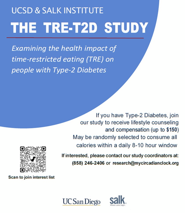 Satchin Panda (@satchinpanda) on Twitter photo If you live in San Diego area, have Type 2 Diabetes and meet the criteria (see the link), please contact research@mycircadianclock.org or scan the QR code. <a href="/PamTaubMD/">Pam R. Taub, MD❤️💃🏻</a> <a href="/EmilyManoogian/">Emily Manoogian</a>
clinicaltrials.gov/study/NCT05365… If you live in San Diego area, have Type 2 Diabetes and meet the criteria (see the link), please contact research@mycircadianclock.org or scan the QR code. <a href="/PamTaubMD/">Pam R. Taub, MD❤️💃🏻</a> <a href="/EmilyManoogian/">Emily Manoogian</a>
clinicaltrials.gov/study/NCT05365…