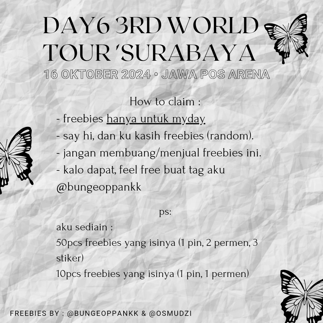 buat MyDay yang nonton di Surabaya, jangan lupa buat ambil freebiesku ya!

🍀 jangan lupa rt + like (bebas di tweet ini/tweet bawah)
🍀 ga harus follow aku kok 😁

See U, MyDay 🌷

#DAY6 #데이식스 #DAY6_3RD_WORLDTOUR 
#Day6inSurabaya