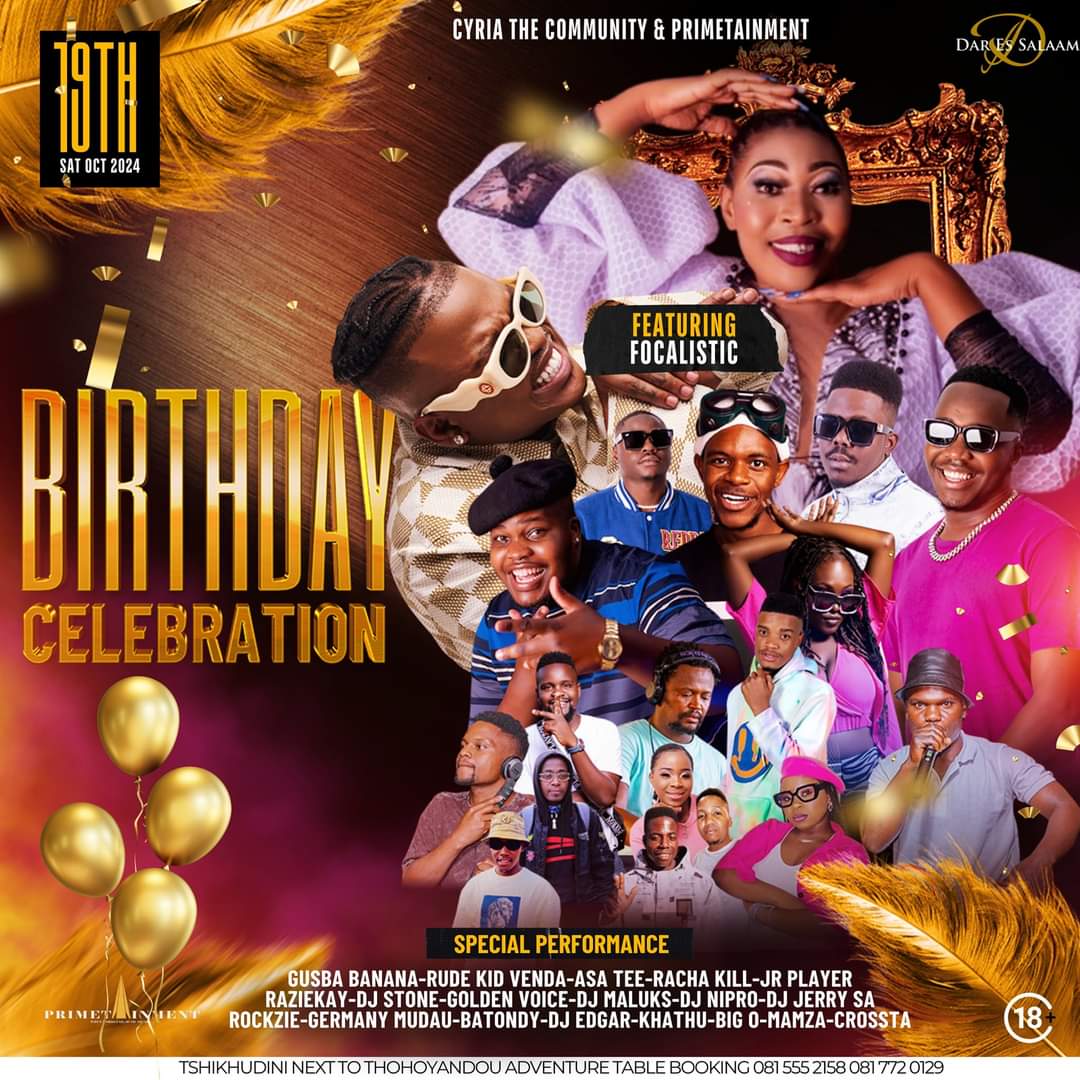 We're throwing a massive All Black Birthday Bash for Cyria 🥳 on Saturday and you're invited! The line-up is insane 🎊 with: @Focalistic, @Gusbabanana, @RudekidVenda, @AsaTee, <a href="/Rachakill/">Ndamulelo</a>, @Raziekay, @JrPlayer, @Rockzie <a href="/Khathu/">The Real Khathu®</a>, @DJStone, @Mamza, <a href="/DJNipro/">DJ NIPRO</a>