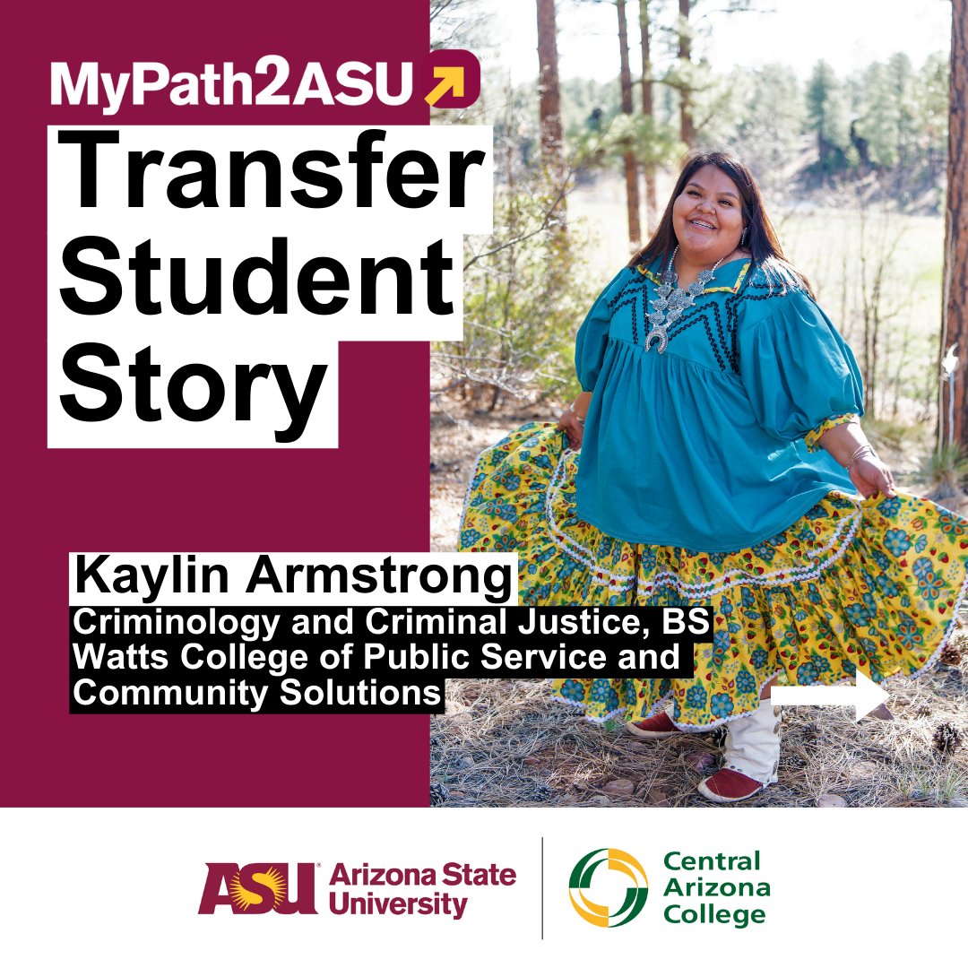 mypath2asu's tweet photo. We're celebrating #NationalTransferWeek by sharing Kaylin Armstrong’s journey from @CACadmissions to @asupublicsvc!  Now studying criminology, Kaylin chose @ASU for its top-ranked program and affordable tuition.

Create your transfer path with #MyPath2ASU: https://t.co/6yqIgCpVl4 https://t.co/sHzWPUxScz
