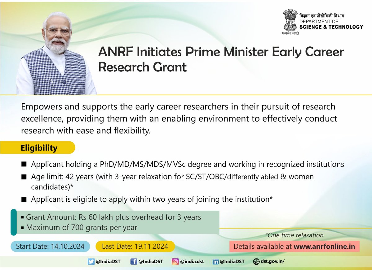 📢 #ANRF invites #applications under Prime Minister Early Career Research Grant #PMECRG to foster high quality #innovative #research, enable #researchers to expand knowledge boundaries &amp; drive #technological progress.

For details visit:  anrfonline.in/ANRF/ecrg_anrf…