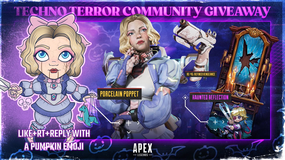 🎃Spooky Porcelain Poppet Bundle Giveaway!🎃

Hey  #ApexLegends Community!
Need a cute skin in your life? Want a chance to win one?  

🎃Follow @playapex &amp; <a href="/NighteStudios/">Nighte</a>
🎃Like &amp;RT (no quote RTs)
🎃Reply with a 🎃 Emoji!

Winner drawn on Oct 18th! 
🎃Happy Spooky days legends!🎃