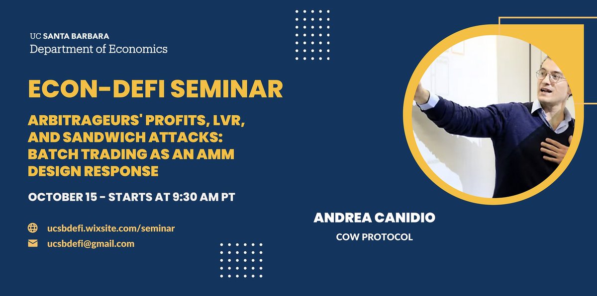 UCSBDeFi's tweet image. Hey there, join us tomorrow with @AndreaCanidio from Cow Protocol at 9:30am through zoom!馃挕
Zoom link: ucsb.zoom.us/j/81553018122
#ucsbdefi #Gradforgrad