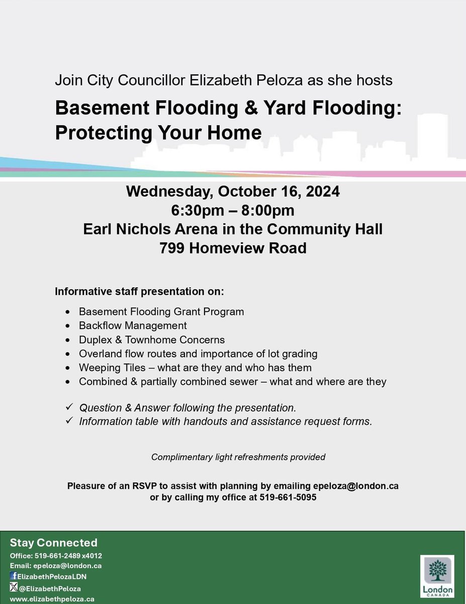 Responding to resident concerns about how to help protect their home 🏠 my fall ward meeting is focused on Basement and Yard Flooding. 
All are welcome just please RSVP to help with planning. 
#Ldnont #ClimateResilience