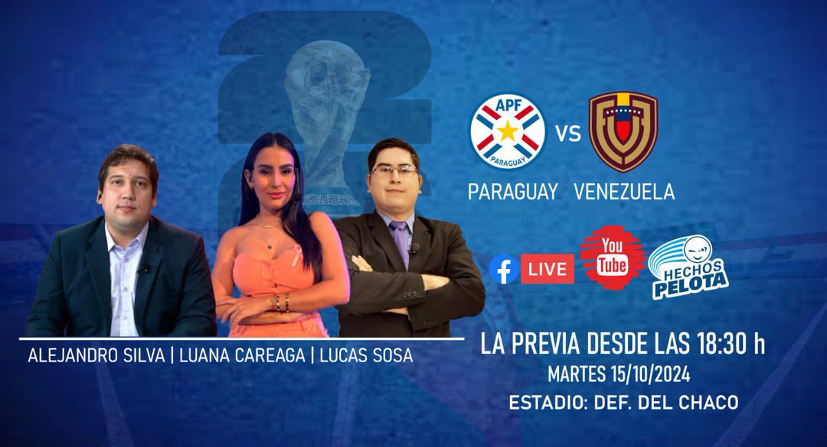NOS VEMOS EN EL DEFENSORES 🇵🇾🫱🏻‍🫲🏼

Mañana estará presente parte del ejército deportivo de Hechos Pelota para la previa, transmisión y postpartido de Paraguay ante Venezuela 🫡

Seguinos en todas nuestras redes sociales y acompañanos en la transmisión vía Facebook y Youtube 🖥 📲