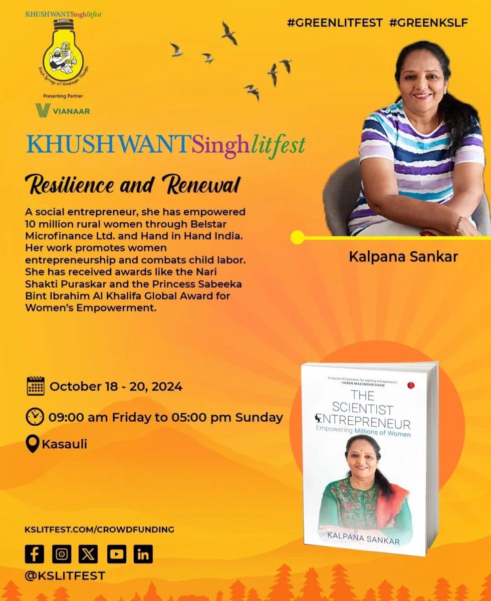 💼📚 Kalpana Shankar, author of The Scientist Entrepreneur, is a social entrepreneur empowering 10 million rural women through Belstar Finance Ltd and Hand in Hand India 🌾👩‍🌾.

#KSLLitFest2024 #ResilienceAndRenewal #KalpanaShankar #WomenEmpowerment #SocialEntrepreneur