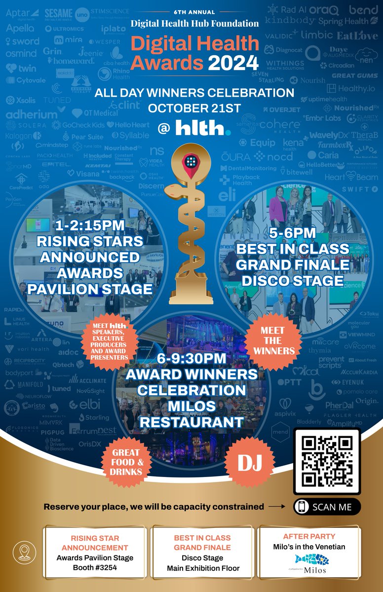Matthew Holt (@boltyboy) on Twitter photo On Monday at #HLTH2024 there are THREE parts of the <a href="/DigiHlthHubFdn/">Digital Health Hub Foundation</a> Awards.
1. Rising Stars 1-2.25 DHHF booth #3254
2. Best in Class Awards 5-6 on the Disco Stage
3. The paaaarteeee 6-9 at Milos Restaurant
Get your spot info.digitalhealthhub.org/2024-grand-fin… On Monday at #HLTH2024 there are THREE parts of the <a href="/DigiHlthHubFdn/">Digital Health Hub Foundation</a> Awards.
1. Rising Stars 1-2.25 DHHF booth #3254
2. Best in Class Awards 5-6 on the Disco Stage
3. The paaaarteeee 6-9 at Milos Restaurant
Get your spot info.digitalhealthhub.org/2024-grand-fin…