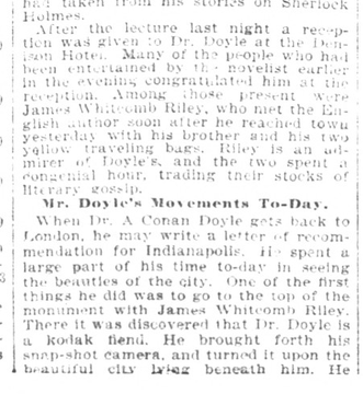 LiterateIndy's tweet photo. Arthur Conan Doyle, the creator of Sherlock Holmes, was wandering the streets of Indianapolis 130 years ago tomorrow night. He gave a lecture on literary life, made it to the top of the Soldiers' and Sailors' Monument, and had dinner with James Whitcomb Riley. https://t.co/mJyJUnUkNH