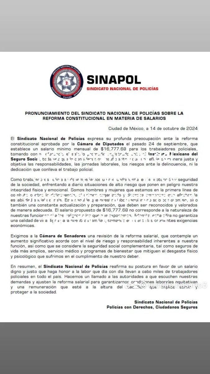Iniciamos la semana compartiendo nuestro pronunciamiento sobre la reforma constitucional en materia de salarios para policías, aprobada por la Cámara de Diputados el pasado 24 de septiembre

<a href="/MorenaSenadores/">Senadores Morena</a>
