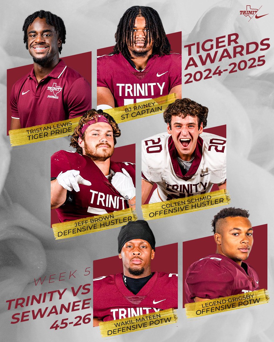 Trinity University Football (@tufootballtx) on Twitter photo π
Week 5π
#BeTheStandard #TigerPride π
Week 5π
#BeTheStandard #TigerPride