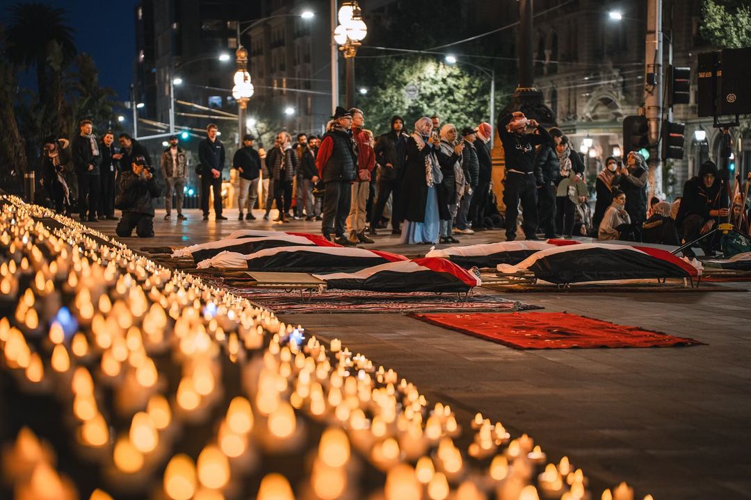 WomenOnTheLine's tweet photo. Vigil for Palestine that took place last week Oct 7th. This week our episode recaps on a year of gen0cide and 76 years of resistance. Listen now via @3CR. https://t.co/gWZVBNzFZA