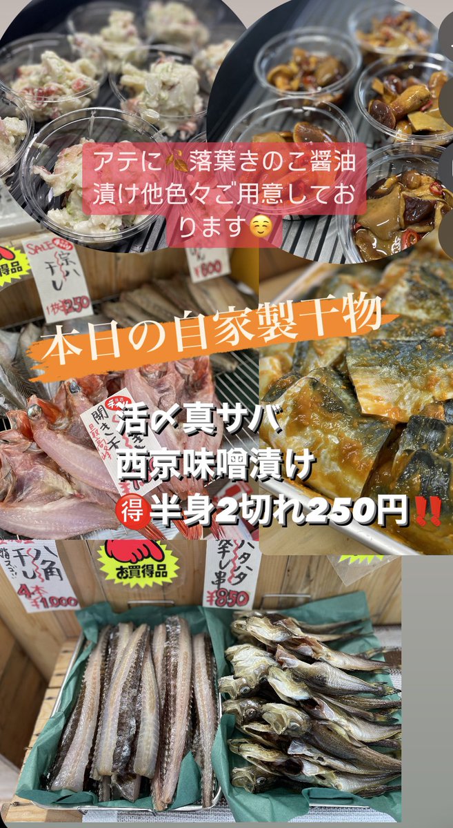 On5uHB9pGAWeqCj's tweet photo. おはようございます😃時化模様で品数少ないですがお刺身盛り盛り🍣つぶ貝盛り🐚今日はソイが半身🉐550円❣️天然生本鮪にカンパチ、ボラ、赤貝などお刺身色々🍣お鍋🍲煮付けにハタハタやソイあら汁で☺️自家製干物5種に🉐真サバ西京漬けが甘うまです👍今週もよろしくお願い致します🌈 #まるひろ伊藤水産 https://t.co/vIEeT6Irxb