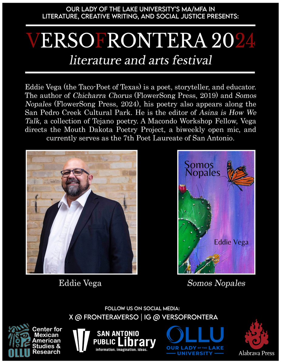 OctQuintanilla's tweet photo. @FronteraVerso Literature &amp; Arts Festival, Oct 18 @ The Carver Branch Library &amp; Oct 19 @ Our Lady of the Lake University.  Save the dates! Free &amp; open to public 

#versofrontera #versofrontera2024 #alabravapress #ollusa #sanantoniotx #poetry #literature #art https://t.co/44TLodeYxC