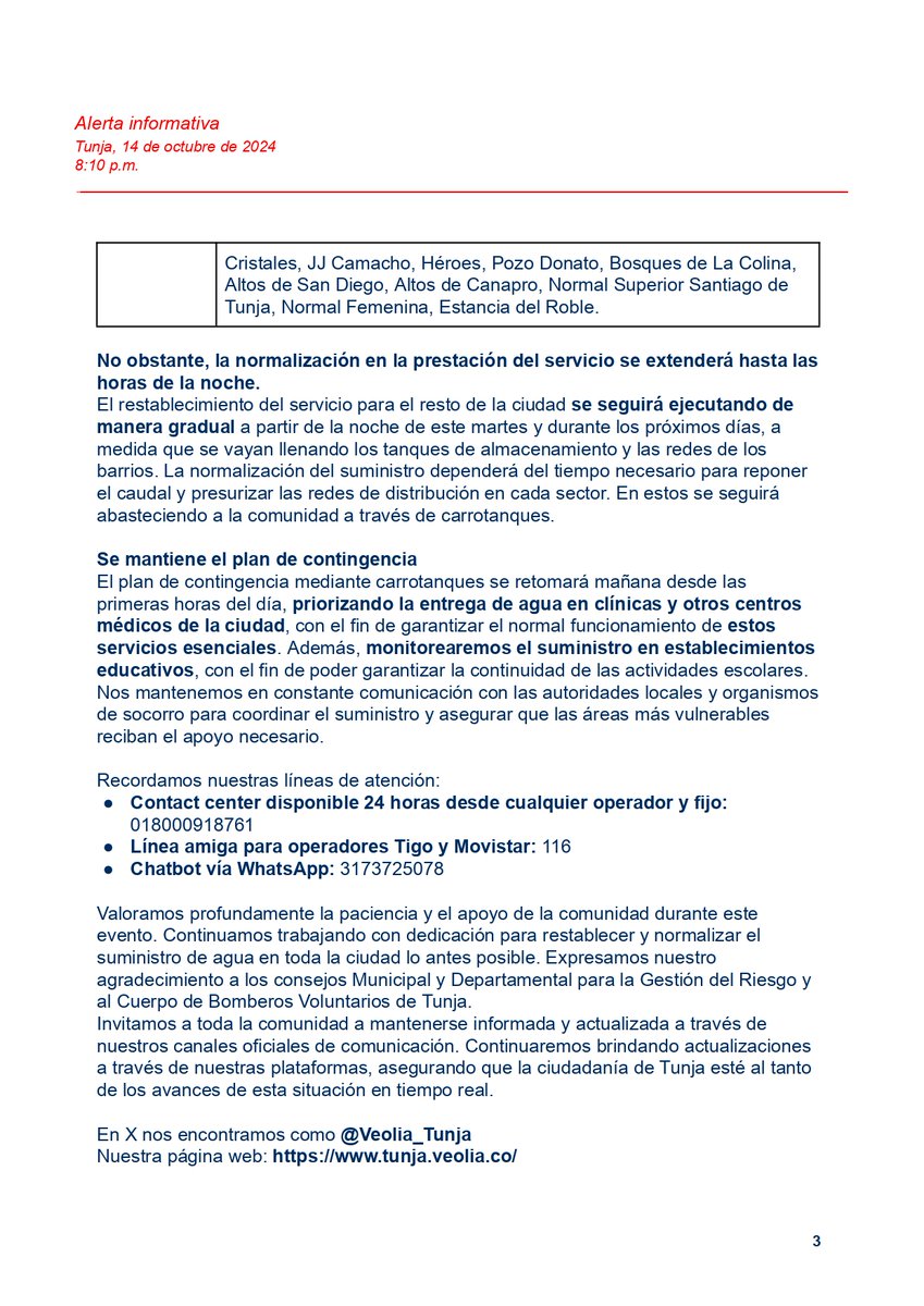 Actualización del restablecimiento del servicio para Tunja