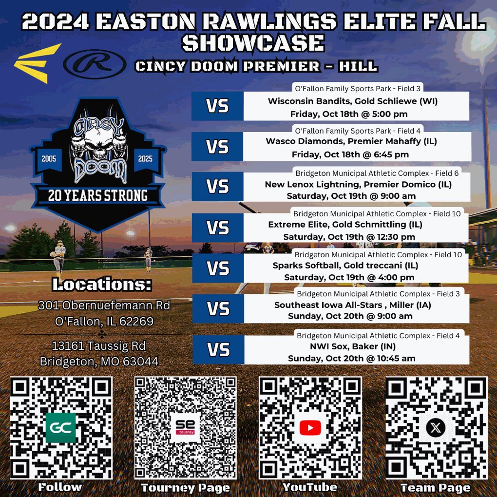 (Coach Jeff) Cincy Doom Premier- Hill (@coachjeffhill) on Twitter photo 📣 BIG weekend ahead for us as we hit the road for <a href="/SavvyTourneys/">Savvy Softball</a> Easton Rawlings Invite!
Looking forward to competing & showcasing our skills against some of the Best in the Country.
🗓️Friday, 18th 🗓️
O’Fallon Sports Park
📍301 Obernuefemann Rd
O'Fallon, IL. 62269
🥎G1 Vs. 📣 BIG weekend ahead for us as we hit the road for <a href="/SavvyTourneys/">Savvy Softball</a> Easton Rawlings Invite!
Looking forward to competing & showcasing our skills against some of the Best in the Country.
🗓️Friday, 18th 🗓️
O’Fallon Sports Park
📍301 Obernuefemann Rd
O'Fallon, IL. 62269
🥎G1 Vs.