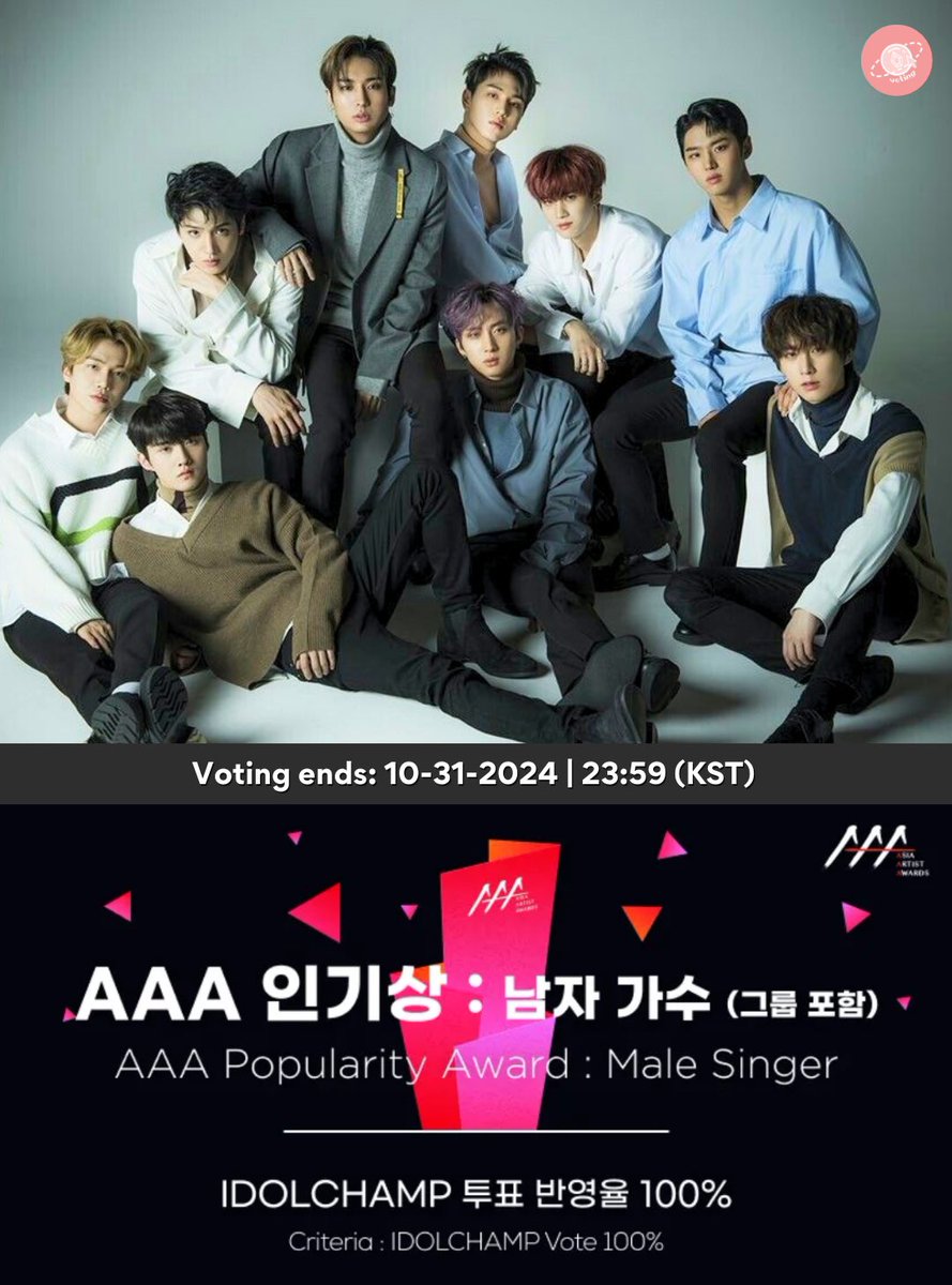 pentagon_voting's tweet photo. [🏆] 2024 Asia Artist Awards

#PENTAGON has been nominated for the preliminary round of 𝑷𝑶𝑷𝑼𝑳𝑨𝑹𝑰𝑻𝒀 𝑨𝑾𝑨𝑹𝑫: 𝑴𝒂𝒍𝒆 𝑺𝒊𝒏𝒈𝒆𝒓 Category.

🎟️1 VOTE = 20🩷 (max. 100 votes/day)
⏳October 31, 2024 @ 23:59 (KST)
🗳️https://t.co/fY5SQlRlXa

🎯GOAL: Within Top 30 to Advance to Final Round (votes from prelim will not reflect the score for the Final Round’s winner)

💫AAA 2024 Popularity Award is selected by 100% IDOLCHAMP vote.

#펜타곤 #AAA2024 #StarnewsKorea
@CUBE_PTG @jinhojo_x @AYUTO_official
@nakedxproud @J_WOOSEOK_3